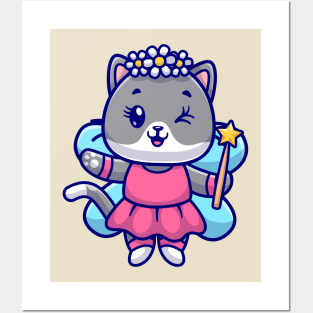 Cute Cat Fairy Holding Magic Wand Cartoon Posters and Art